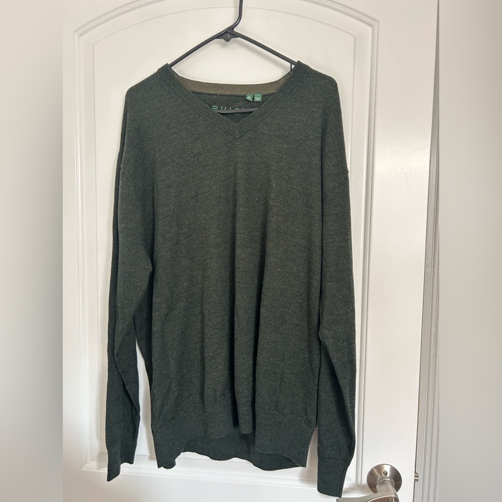 Orvis Men's Olive V-Neck Sweater 100% Merino Wool Size Extra Large preppy